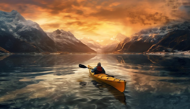 A person in a kayak is floating on a lake with mountains in the background.