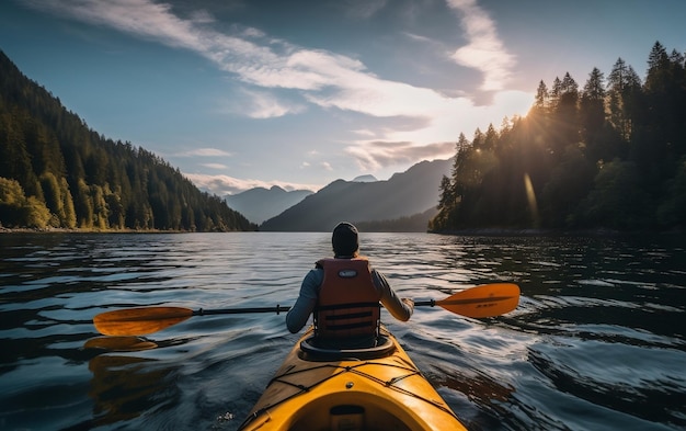 A person in a kayak paddling down a river Ai