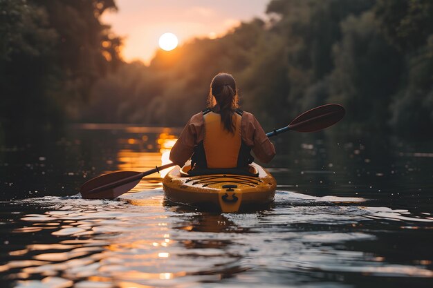 Photo person kayaking down river at sunset