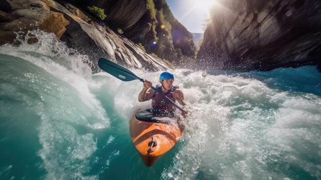 A person kayaking in a river speed kayaking