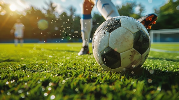 Person Kicking Soccer Ball on Field