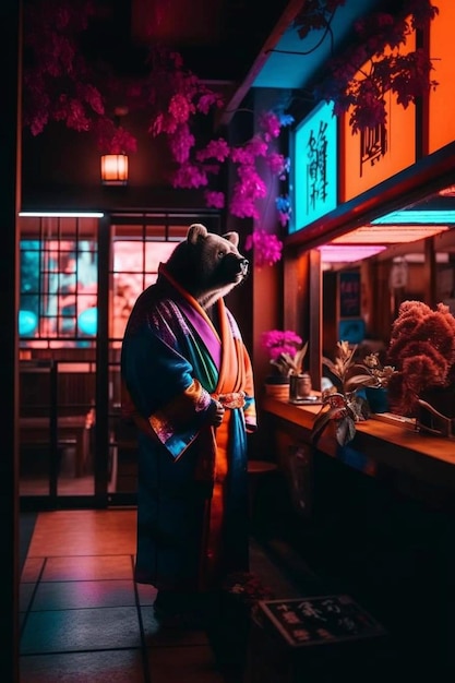 A person in a kimono stands in a bar with a sign that says'hibiki'on it