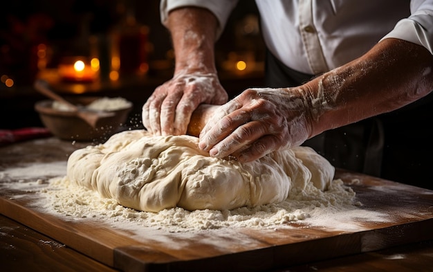 A person kneading dough on top of a wooden table AI