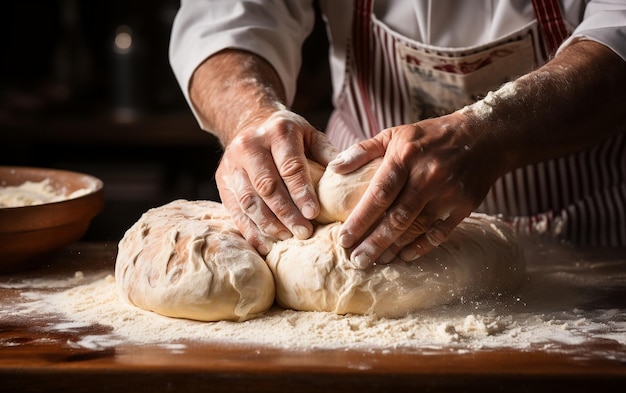 A person kneading dough on top of a wooden table AI