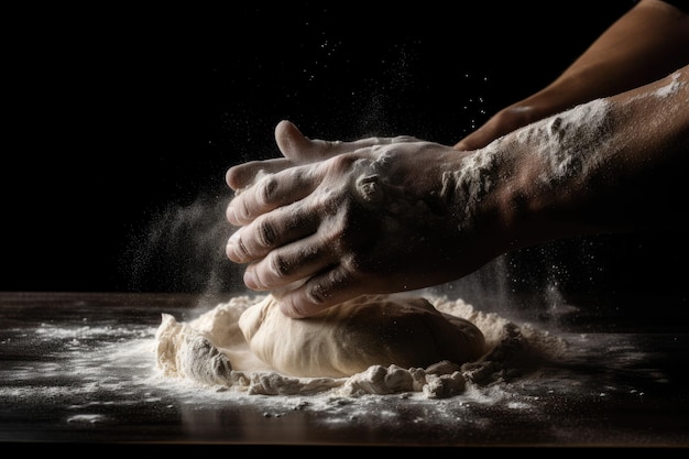 A person kneading a dough with flour on the table