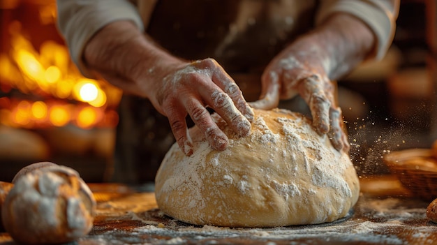 Person Kneading Fresh Loaf of Bread on Table