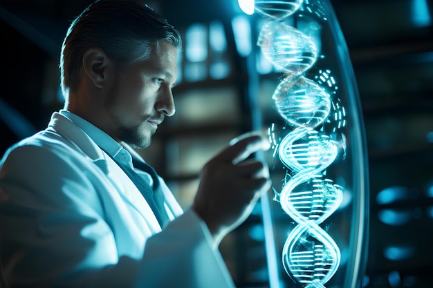 研究室のコートを着た人が DNA を握っている