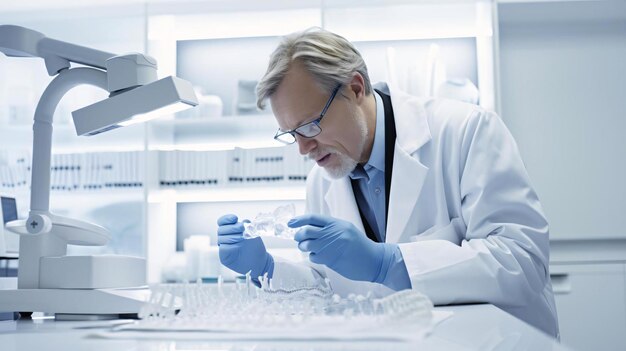 Photo a person in a lab coat looking at a piece of paper