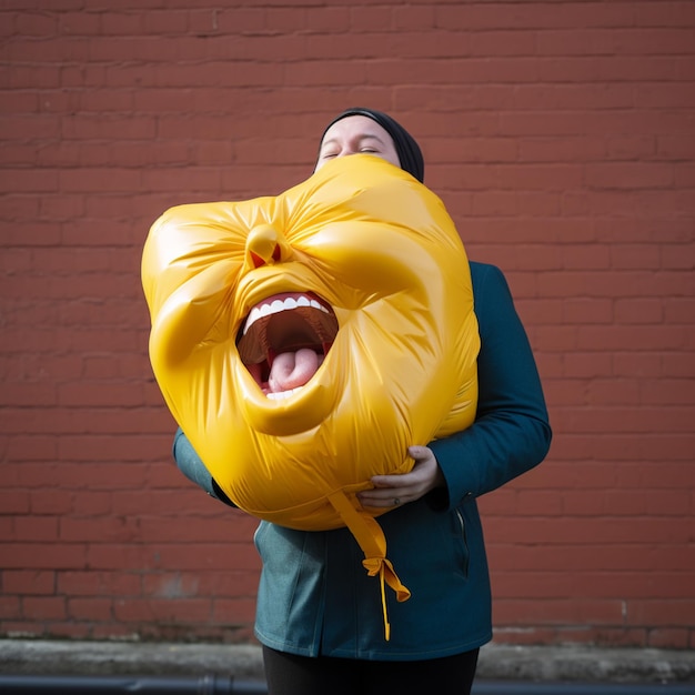 Photo person laughing wearing inflatable boxing mask picture ai generated art