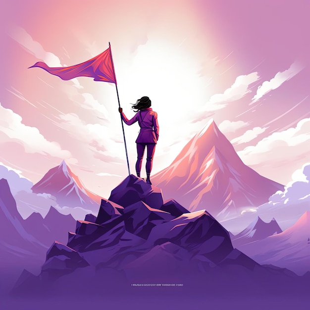 A person leading a flag at the top of a mountain in the style of charming character illustrations