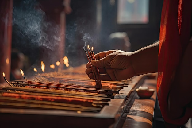 Person lighting incense at hindu temple during prayer ritual created with generative ai