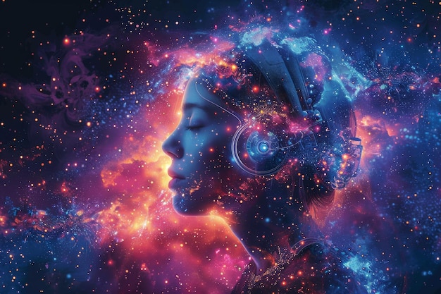 Photo person listening to headphones in front of starfilled space