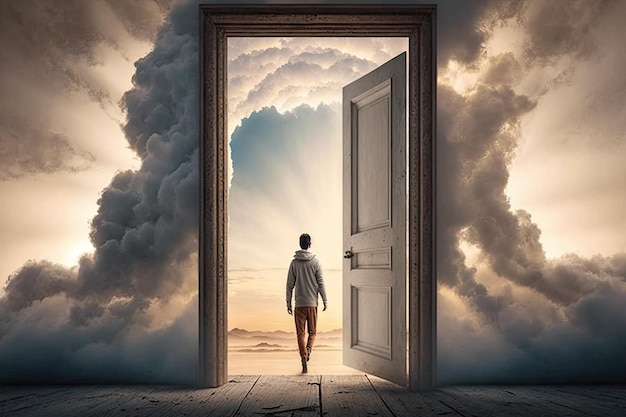 Person looking back on their life with the door to heaven in the background