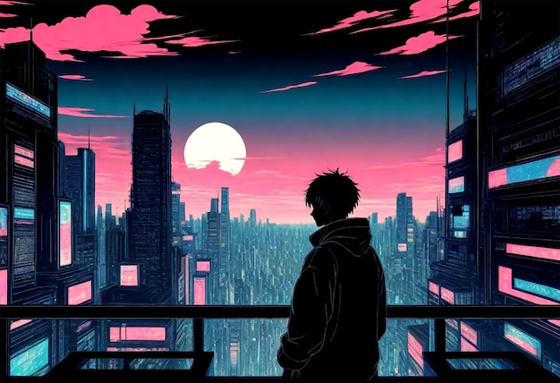 Foto una persona che guarda un paesaggio cittadino con una luna viola sullo sfondo