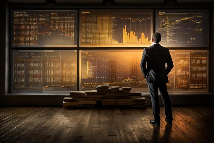 Photo person looking over finance graphs