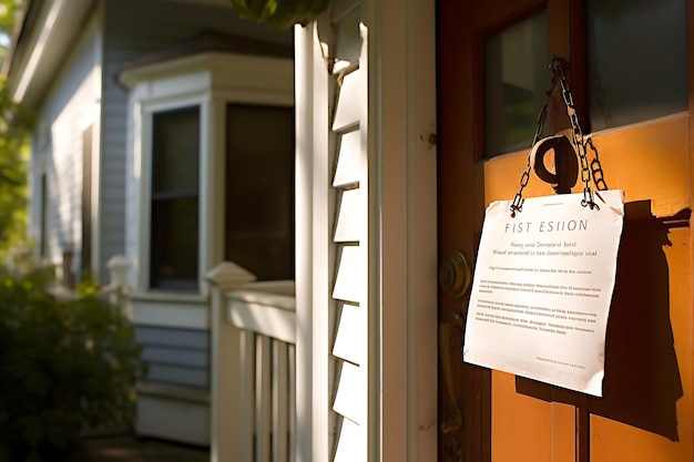 Photo person looking at a foreclosure notice on their front door