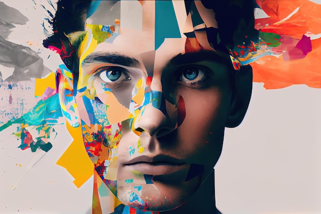 Person looking into the camera with a colorful face collage illustration in the background