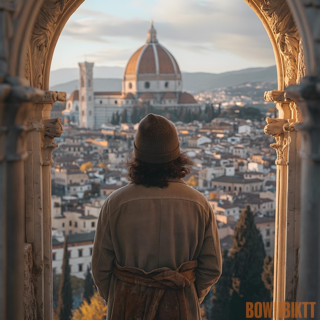 a person looking out of an arch with a view of the city