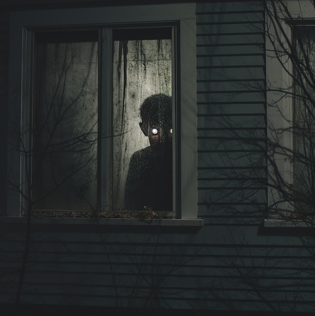 A person looking out a window at night