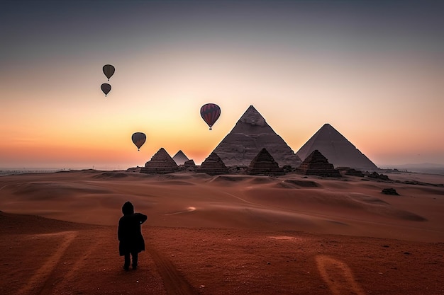Человек, смотрящий на пирамиды и воздушные шары Generative Ai