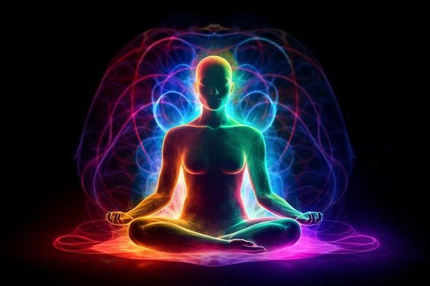 A person in a lotus pose with rainbow colors on their sides.