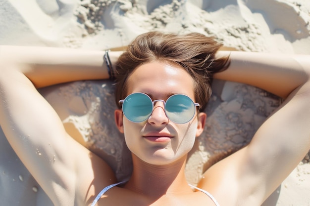 Foto persona sdraiata sulla spiaggia con occhiali da sole a telaio rotondo