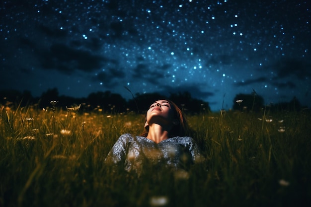 A person lying in a field looking up at a starry sky mental health