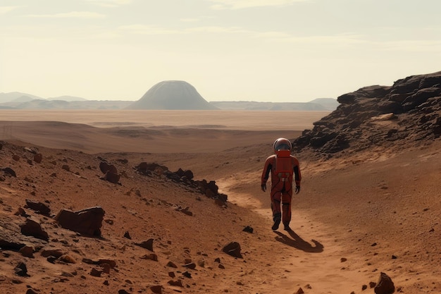 遠くの地平線を背景に赤い惑星で最初の一歩を踏み出す人