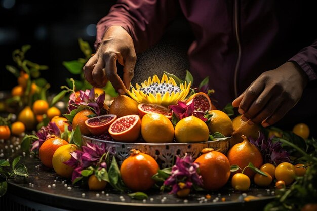 Foto una persona che fa un cesto di frutta con il frutto della passione come pittura centrale del frutto della passione