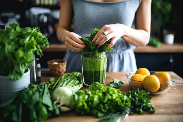 Photo person making green juice in a kitchen