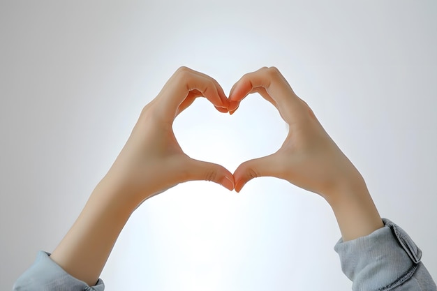 Person making heart shape with hands against plain white background Clear focal point
