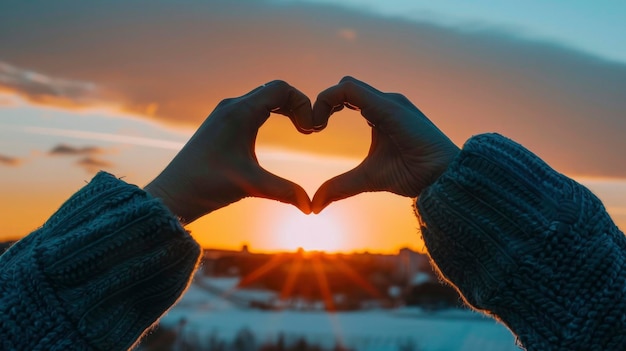 A person making the heart shape with their hands against sunset background