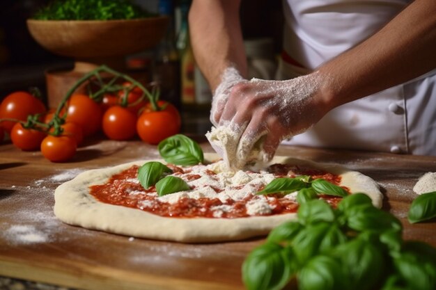 A person making a pizza on top of a table