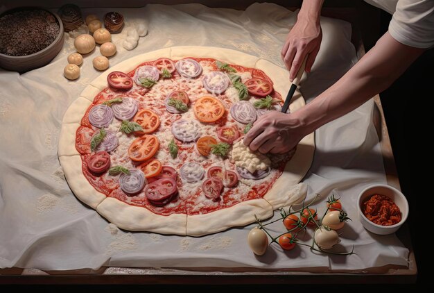 a person making pizza with pasta cheese