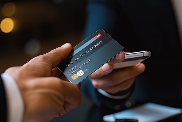 クレジット カードとスマートフォンを使用して安全なオンライン購入を行う人