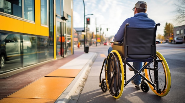 Foto persona in sedia a rotelle manuale in attesa a una fermata dei trasporti pubblici che evidenzia l'accessibilità urbana e l'integrazione di caratteristiche adatte alle persone con disabilità nei trasporti pubblici