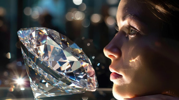 A person marveling at the brilliance of a large diamond on display