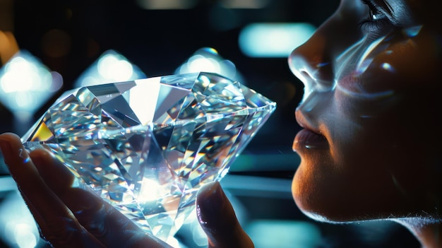 A person marveling at the brilliance of a large diamond on display