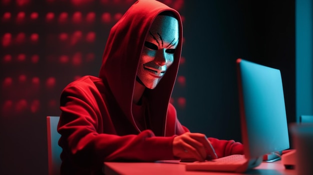 A person in a mask sits at a laptop with a red light behind him.