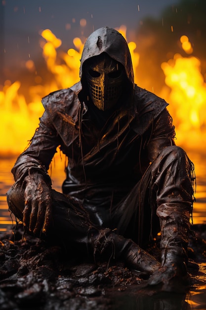 a person in a mask sitting in water with fire behind him