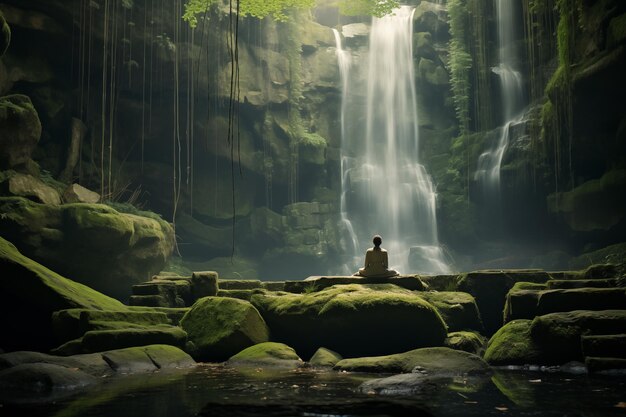 The person meditates on mosscovered rocks beside a cascading waterfall surrounded by lush greenery