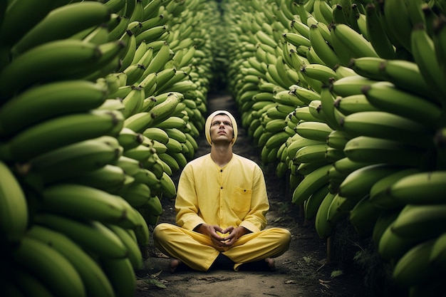 A person meditating in a banana grove