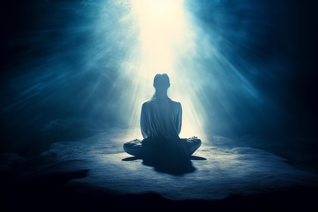 A person meditating in front of a bright light