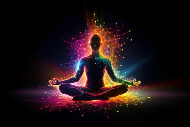 A person meditating in front of colorful rainbow light.