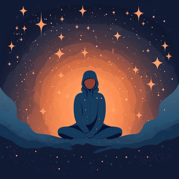 A person meditating in front of a night sky with stars and the words'the universe '