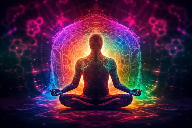 A person meditating in front of a rainbow colored background.