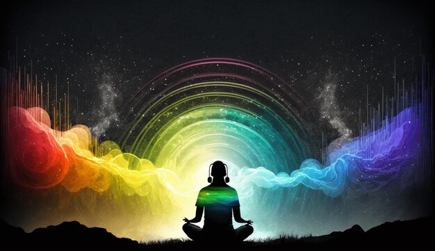 Photo a person meditating in front of a rainbow of light