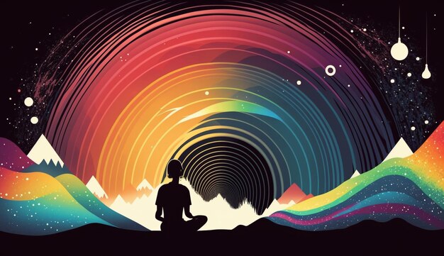 A person meditating in front of a rainbow.