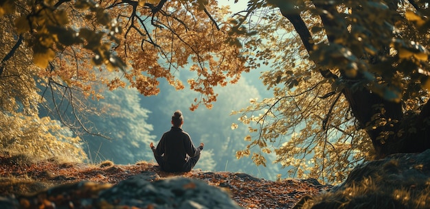 Person meditating under golden autumn leaves