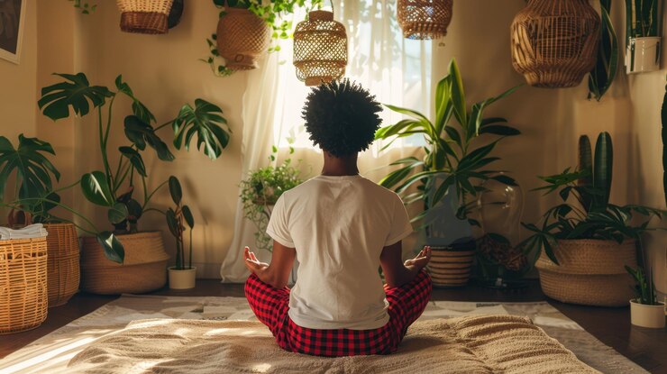 Photo the person meditating indoors
